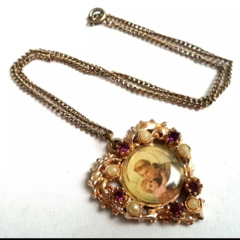 VINTAGE RHINESTONE PEARL SAINT JESUS GOD 16" NECKLACE